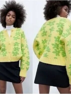 Zara Yellow & Green Floral Knit Cardigan Sweater - Women